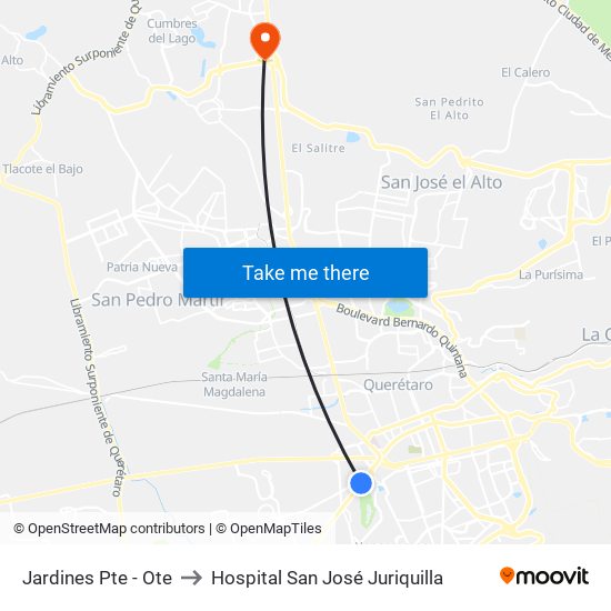 Jardines Pte - Ote to Hospital San José Juriquilla map