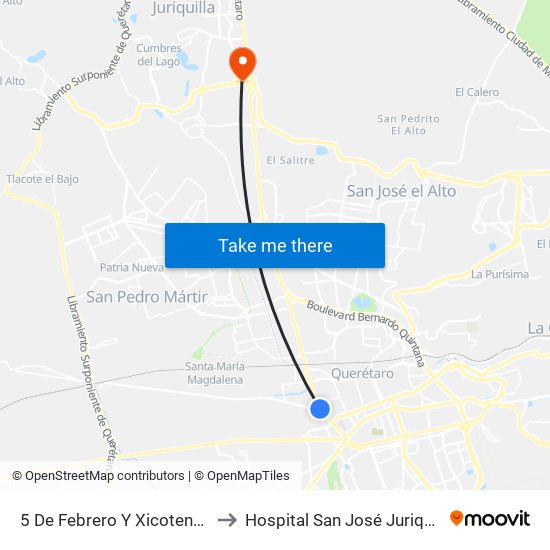 5 De Febrero Y Xicotencatl to Hospital San José Juriquilla map