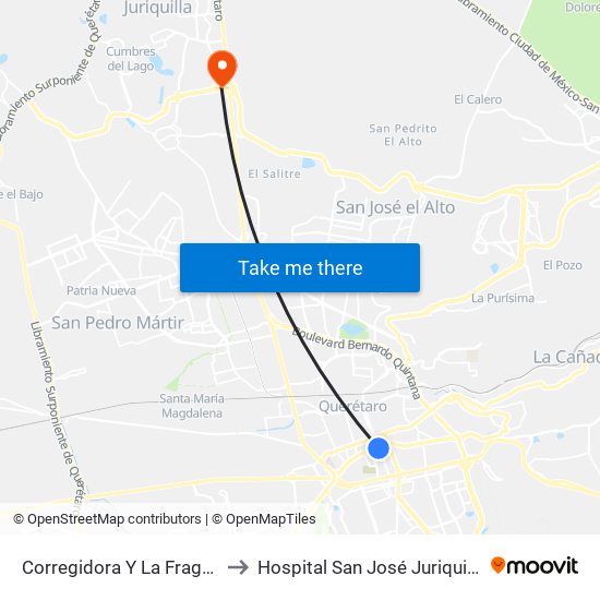 Corregidora Y La Fragua to Hospital San José Juriquilla map