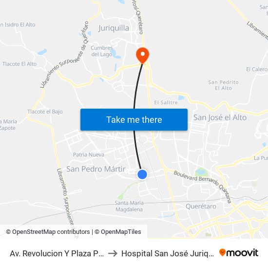 Av. Revolucion Y Plaza Patio to Hospital San José Juriquilla map