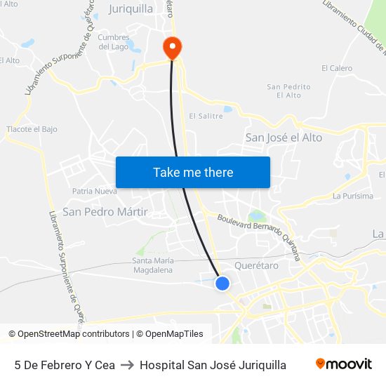 5 De Febrero Y Cea to Hospital San José Juriquilla map
