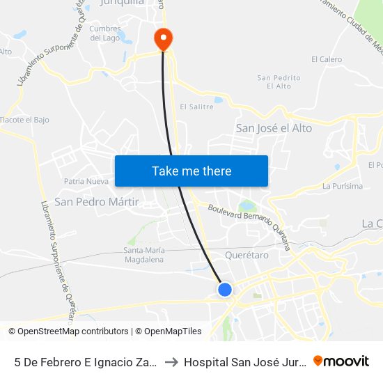 5 De Febrero E Ignacio Zaragoza to Hospital San José Juriquilla map