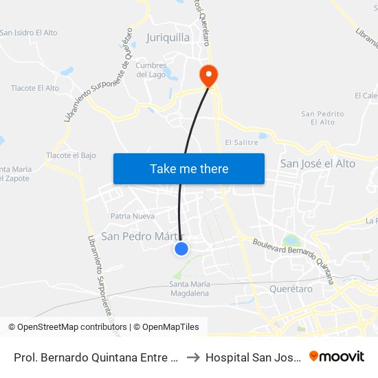 Prol. Bernardo Quintana Entre Pinos Y Berenice to Hospital San José Juriquilla map