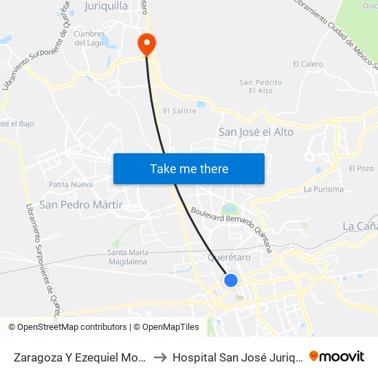 Zaragoza Y Ezequiel Montes to Hospital San José Juriquilla map