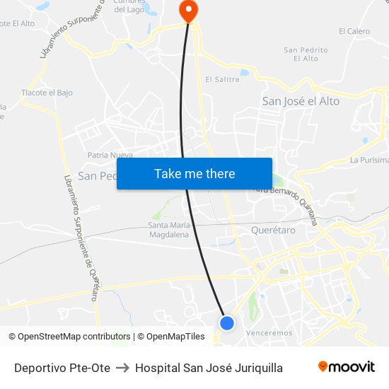 Deportivo Pte-Ote to Hospital San José Juriquilla map