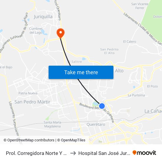 Prol. Corregidora Norte Y Morera to Hospital San José Juriquilla map