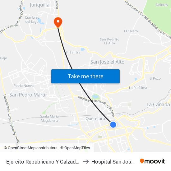 Ejercito Republicano Y Calzada De Los Arcos to Hospital San José Juriquilla map