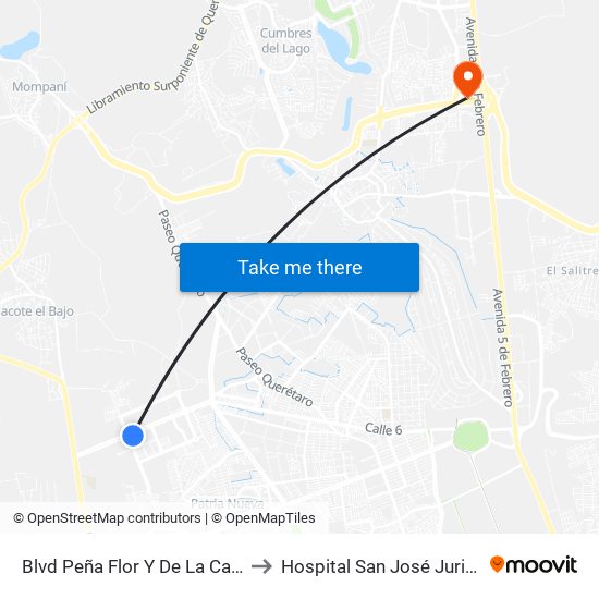 Blvd Peña Flor Y De La Cantera to Hospital San José Juriquilla map