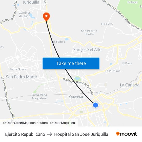 Ejército Republicano to Hospital San José Juriquilla map