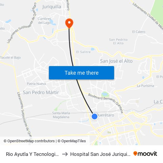 Rio Ayutla Y Tecnologico to Hospital San José Juriquilla map
