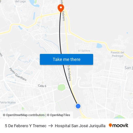 5 De Febrero Y Tremec to Hospital San José Juriquilla map