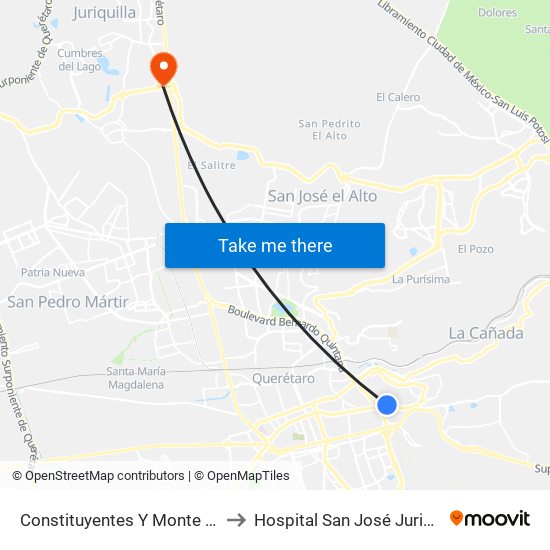 Constituyentes Y Monte Sinai to Hospital San José Juriquilla map