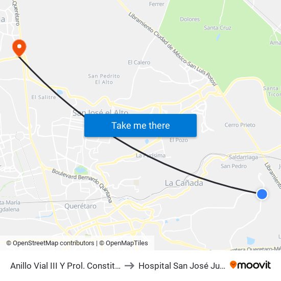 Anillo Vial III Y Prol. Constituyentes to Hospital San José Juriquilla map