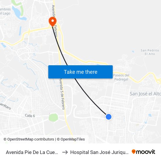 Avenida Pie De La Cuesta to Hospital San José Juriquilla map