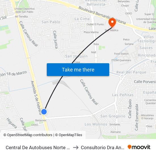 Central De Autobuses Norte (5 De Febrero Y Epigmenio González) to Consultorio Dra Ana Rubio Gastrocirugia 528 map