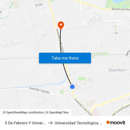 5 De Febrero Y Universidad Autonoma De Qro. to Universidad Tecnológica De México Campus Querétaro map