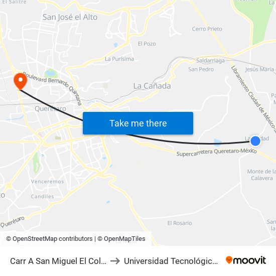 Carr A San Miguel El Colorado Y Calle San Juan Del Río to Universidad Tecnológica De México Campus Querétaro map