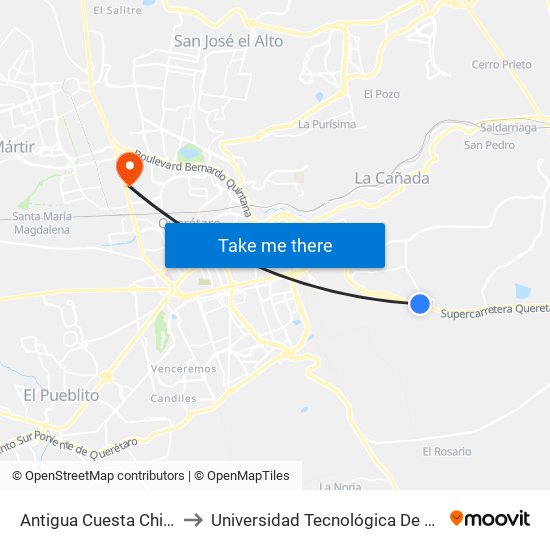 Antigua Cuesta China Y Puente Conin to Universidad Tecnológica De México Campus Querétaro map