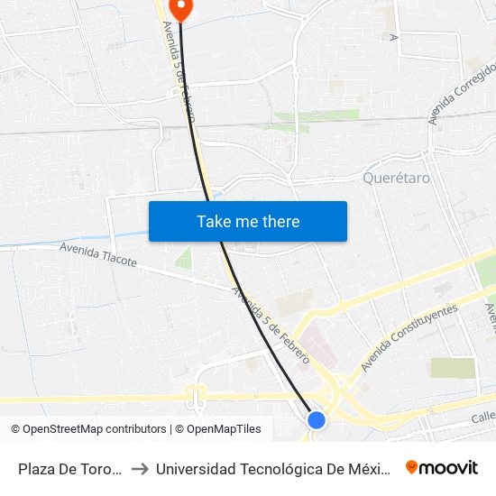 Plaza De Toros Ote - Pte to Universidad Tecnológica De México Campus Querétaro map