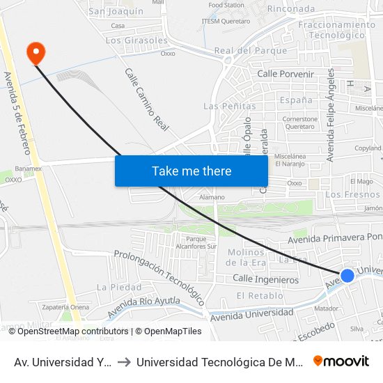 Av. Universidad Y Nicolas Bravo to Universidad Tecnológica De México Campus Querétaro map