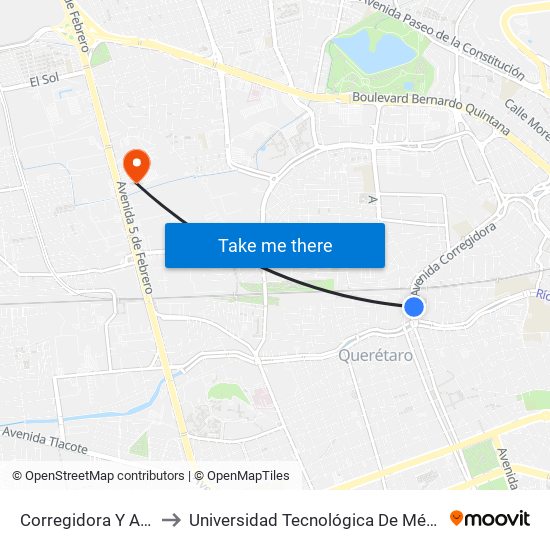 Corregidora Y Av.Universidad to Universidad Tecnológica De México Campus Querétaro map