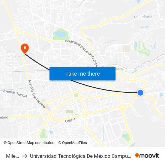 Milenio to Universidad Tecnológica De México Campus Querétaro map