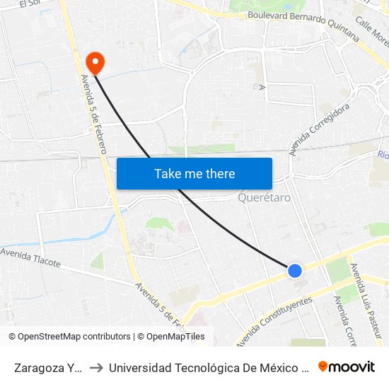 Zaragoza Y Coppel to Universidad Tecnológica De México Campus Querétaro map