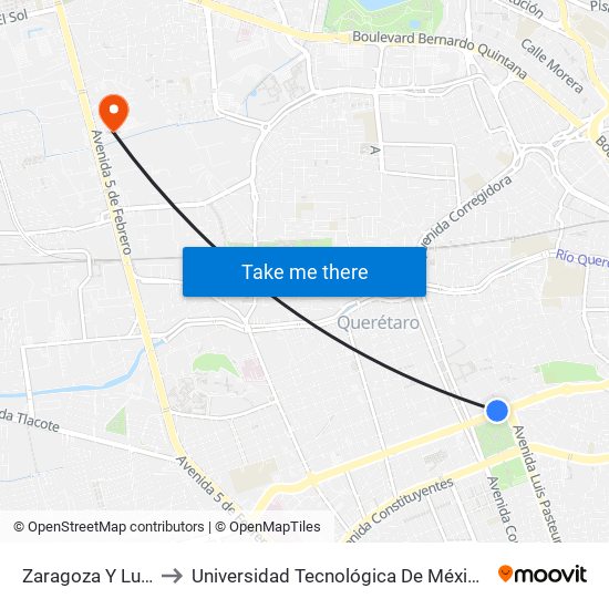 Zaragoza Y Luis Pasteur to Universidad Tecnológica De México Campus Querétaro map