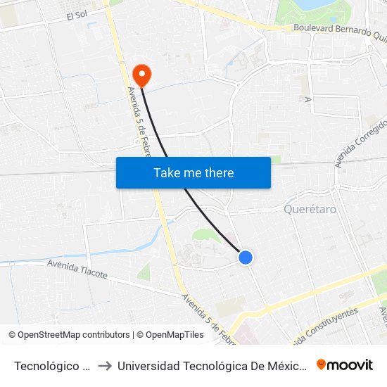 Tecnológico E Hidalgo to Universidad Tecnológica De México Campus Querétaro map