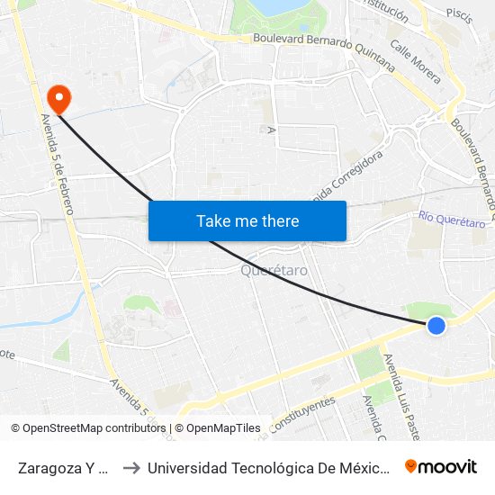 Zaragoza Y El Tanque to Universidad Tecnológica De México Campus Querétaro map