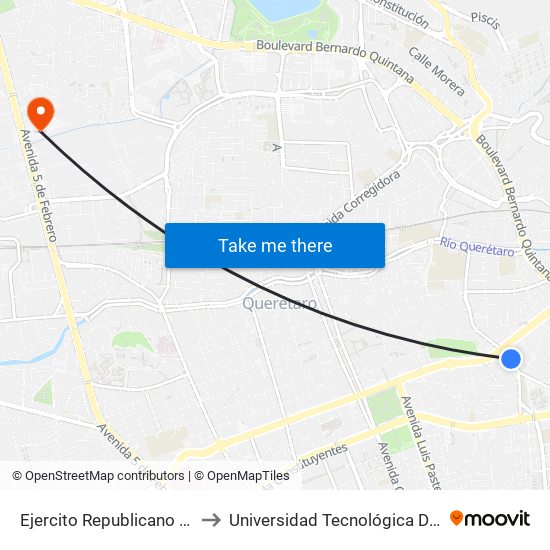 Ejercito Republicano Y Calzada De Los Arcos to Universidad Tecnológica De México Campus Querétaro map