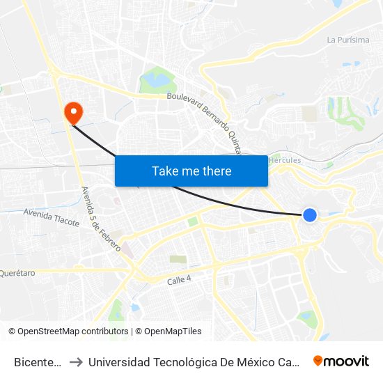 Bicentenario to Universidad Tecnológica De México Campus Querétaro map