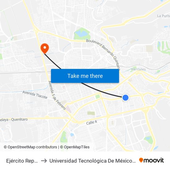 Ejército Republicano to Universidad Tecnológica De México Campus Querétaro map