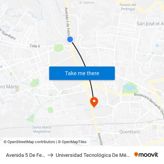 Avenida 5 De Febrero, Jurica to Universidad Tecnológica De México Campus Querétaro map