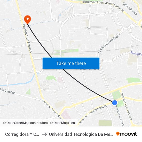 Corregidora Y Constituyentes to Universidad Tecnológica De México Campus Querétaro map