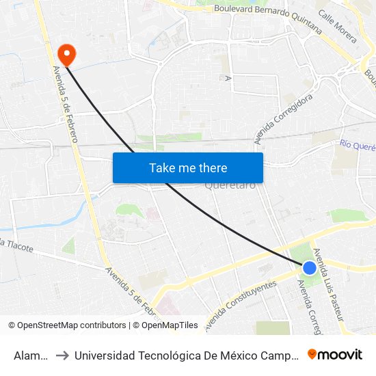 Alameda to Universidad Tecnológica De México Campus Querétaro map