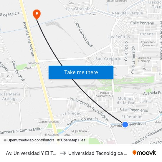 Av. Universidad Y El Tecnologico De Queretaro to Universidad Tecnológica De México Campus Querétaro map