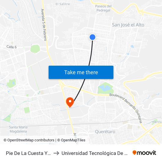 Pie De La Cuesta Y Calzada De Belen to Universidad Tecnológica De México Campus Querétaro map