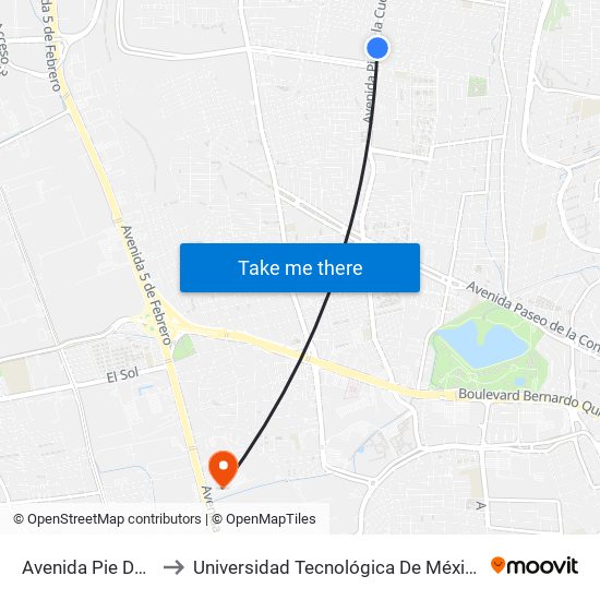 Avenida Pie De La Cuesta to Universidad Tecnológica De México Campus Querétaro map