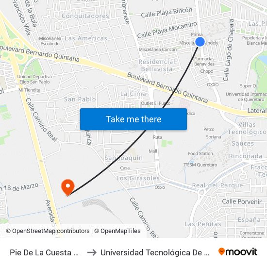 Pie De La Cuesta Y Playa Mocambo to Universidad Tecnológica De México Campus Querétaro map