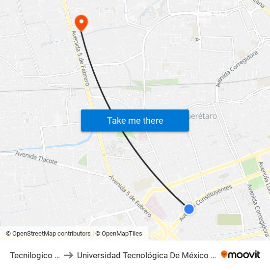 Tecnilogico Pte-Ote to Universidad Tecnológica De México Campus Querétaro map