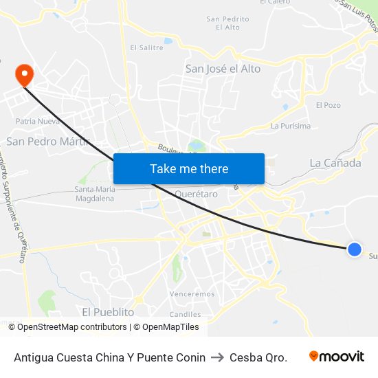 Antigua Cuesta China Y Puente Conin to Cesba Qro. map