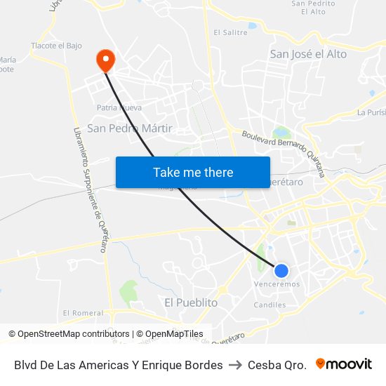 Blvd De Las Americas Y Enrique Bordes to Cesba Qro. map