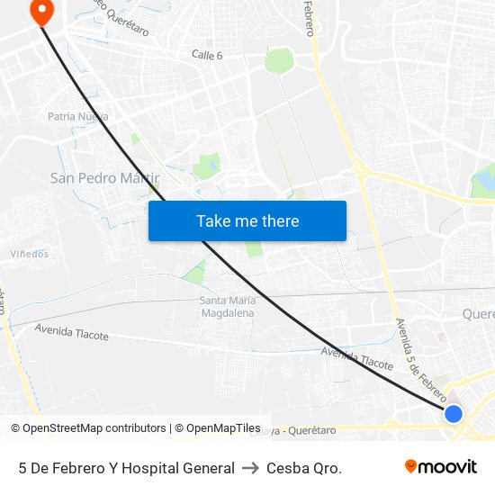 5 De Febrero Y Hospital General to Cesba Qro. map