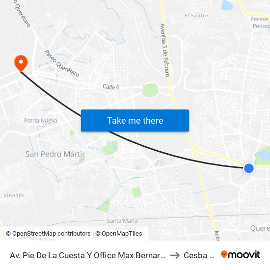 Av. Pie De La Cuesta Y Office Max Bernardo Quintana to Cesba Qro. map