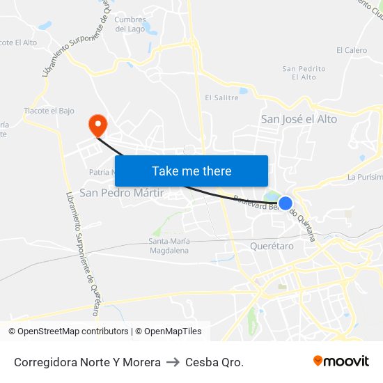 Corregidora Norte Y Morera to Cesba Qro. map