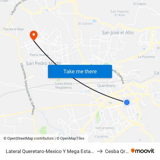 Lateral Queretaro-Mexico Y Mega Estadio to Cesba Qro. map