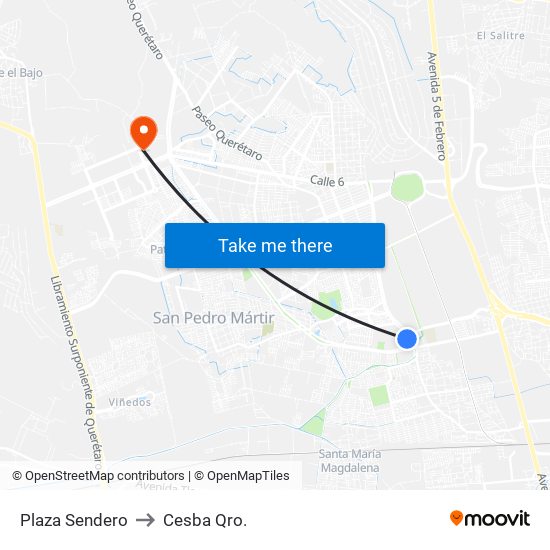 Plaza Sendero to Cesba Qro. map