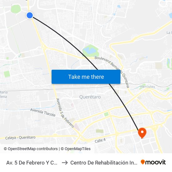 Av. 5 De Febrero Y Corporativo Santander to Centro De Rehabilitación Integral De Querétaro (Criq) map
