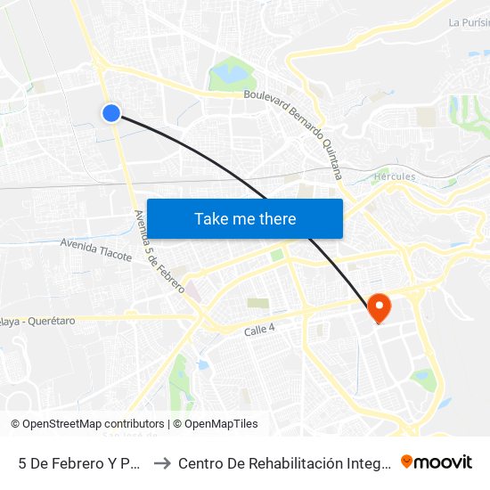 5 De Febrero Y Puente De Mabe to Centro De Rehabilitación Integral De Querétaro (Criq) map